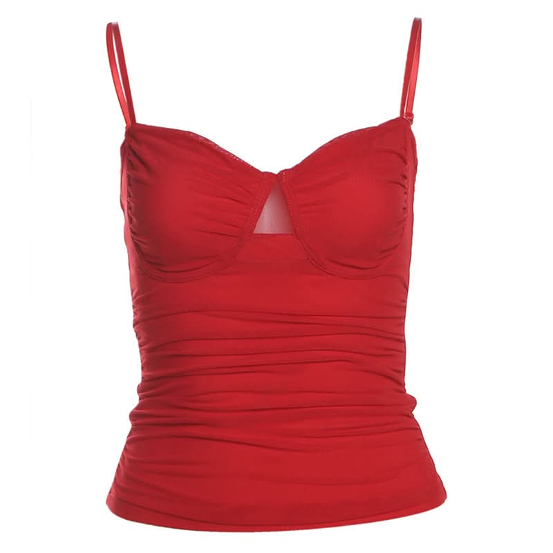 Hollow out ruched v neck mesh cami cut out top