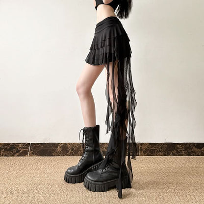 Irregular ruffle A line ruched mesh mini skirt