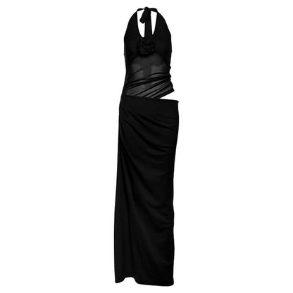 Halter self tie flower applique mesh maxi dress