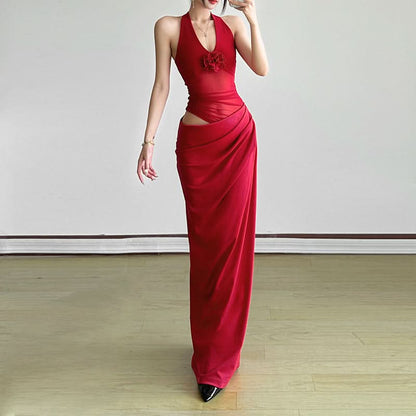 Halter self tie flower applique mesh maxi dress