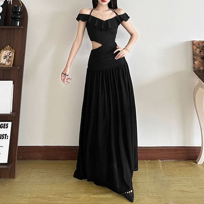 Ruffle halter self tie v neck hollow out cut out maxi dress