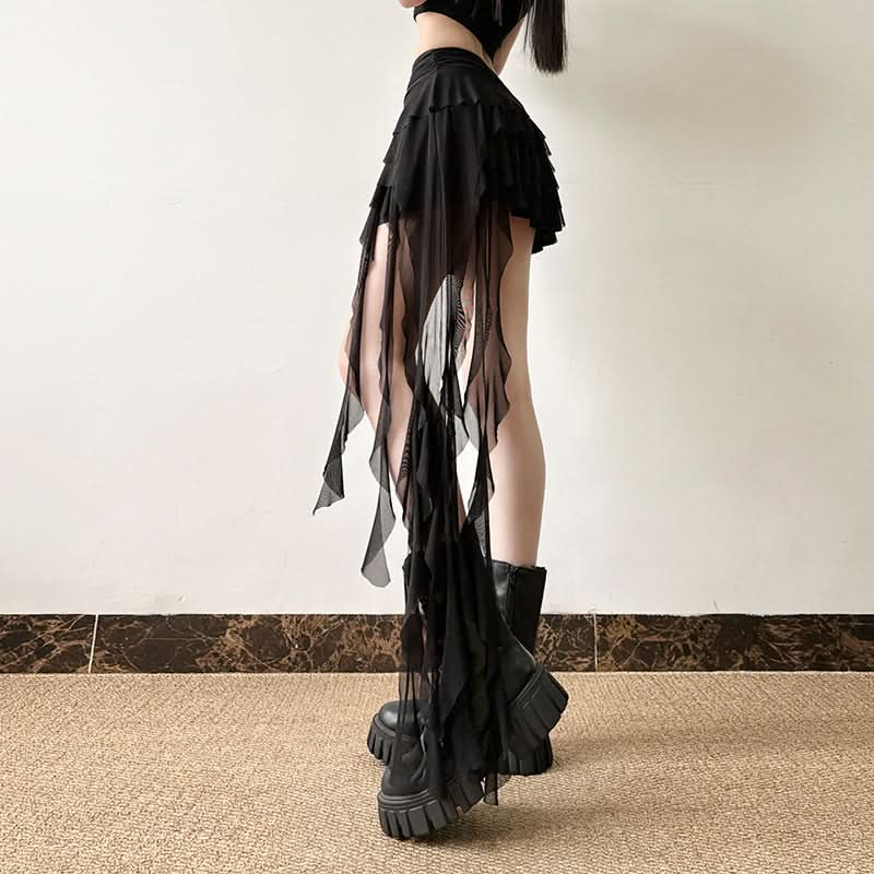 Irregular ruffle A line ruched mesh mini skirt