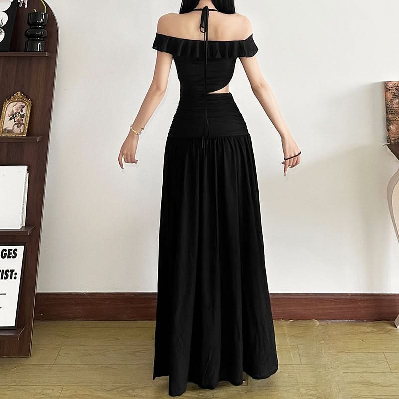 Ruffle halter self tie v neck hollow out cut out maxi dress