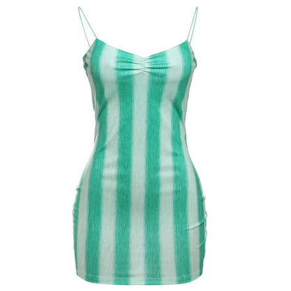 Striped print v neck spaghetti strap mini dress