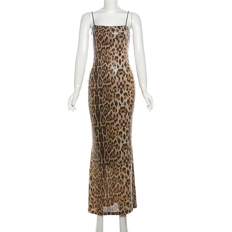 Leopard print square neck glitter cami maxi dress