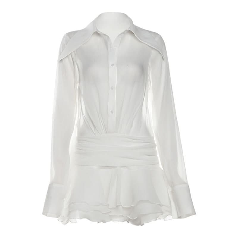 Long sleeve button zip-up chiffon ruffle mini dress