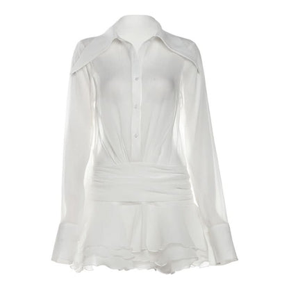 Long sleeve button zip-up chiffon ruffle mini dress