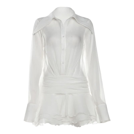 Long sleeve button zip-up chiffon ruffle mini dress