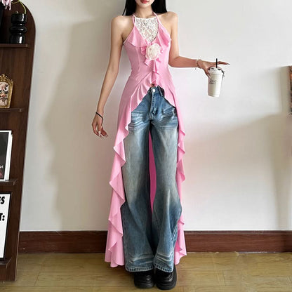 Halter self tie flower applique lace ruffle top