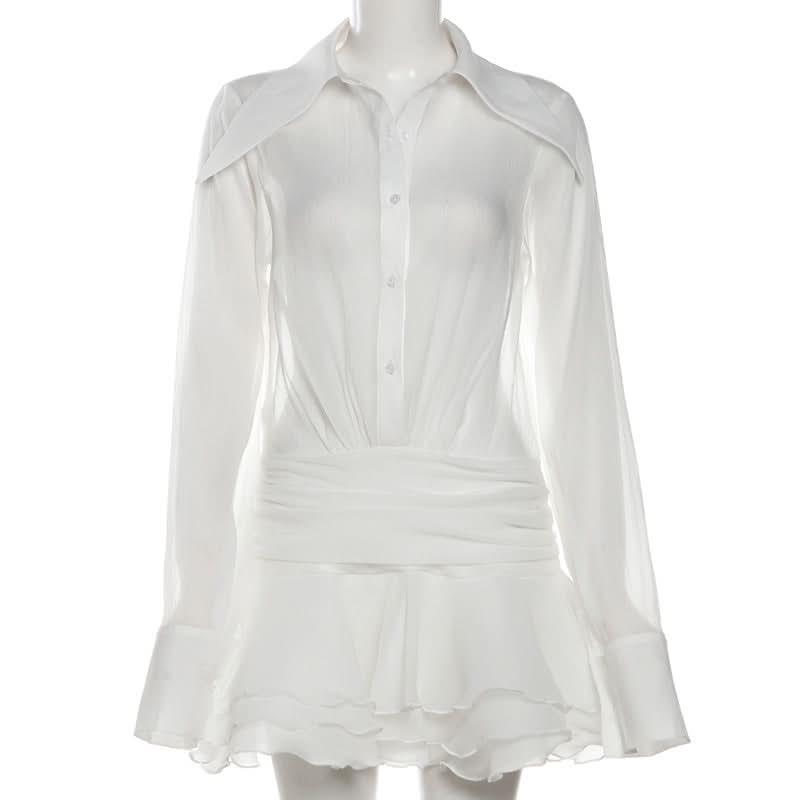 Long sleeve button zip-up chiffon ruffle mini dress
