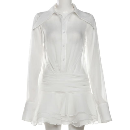 Long sleeve button zip-up chiffon ruffle mini dress
