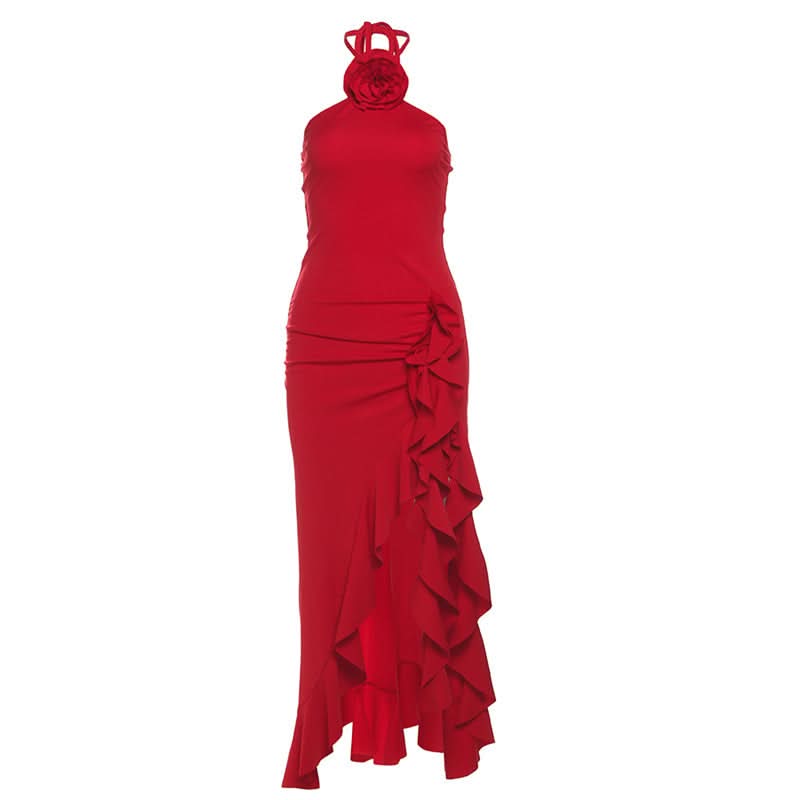 Halter self tie slit flower applique ruffle midi dress