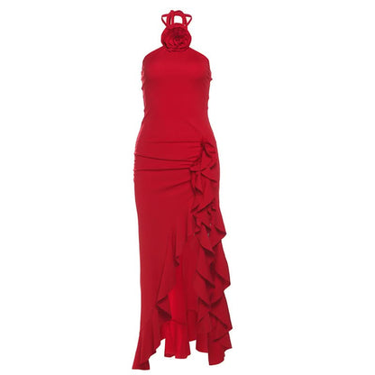 Halter self tie slit flower applique ruffle midi dress