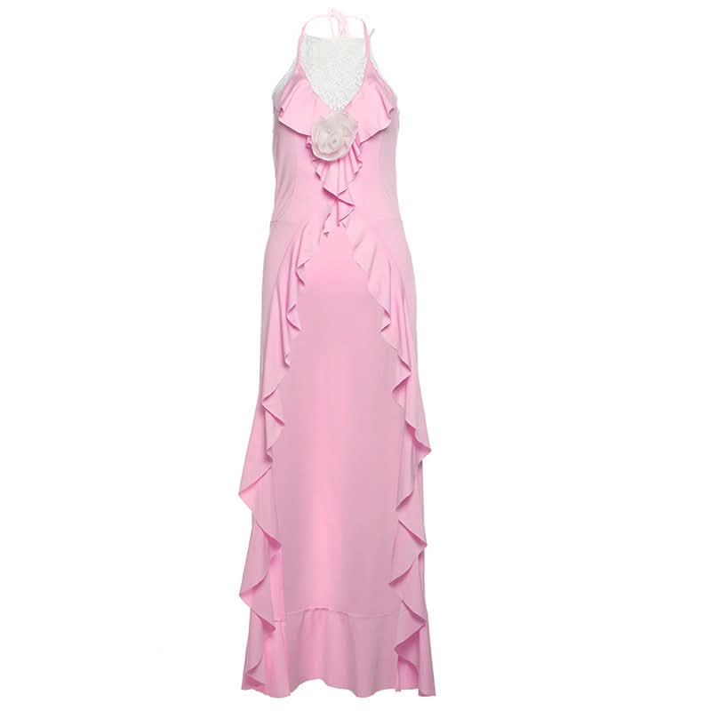 Halter self tie flower applique lace ruffle top