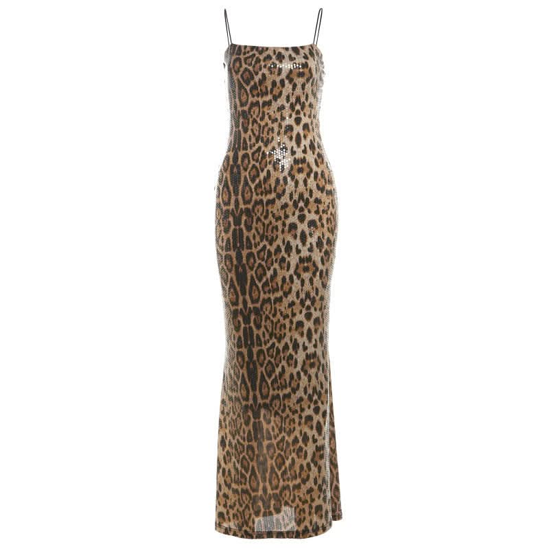 Leopard print square neck glitter cami maxi dress