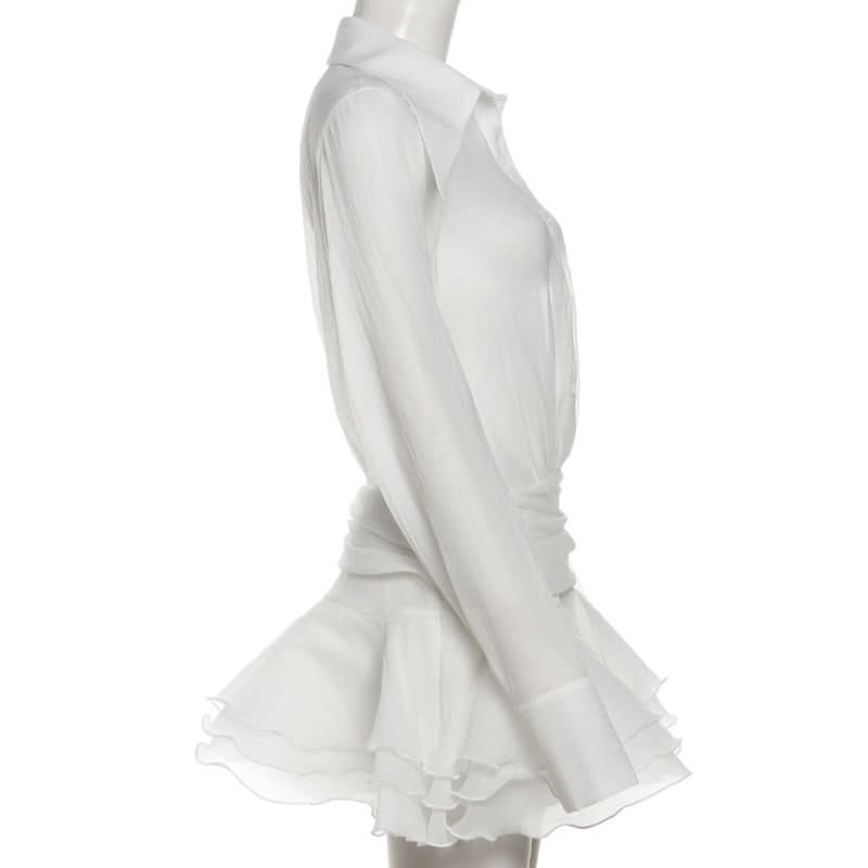Long sleeve button zip-up chiffon ruffle mini dress