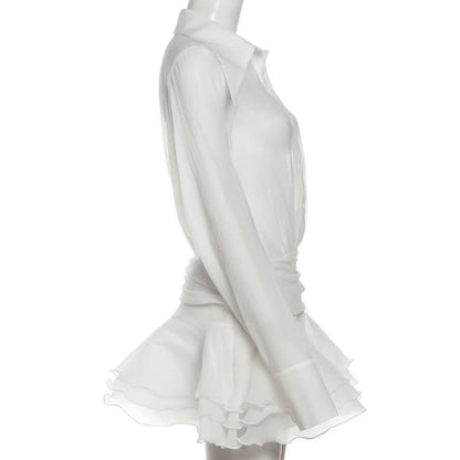 Long sleeve button zip-up chiffon ruffle mini dress