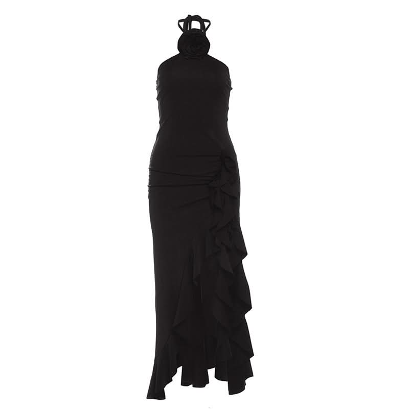 Halter self tie slit flower applique ruffle midi dress