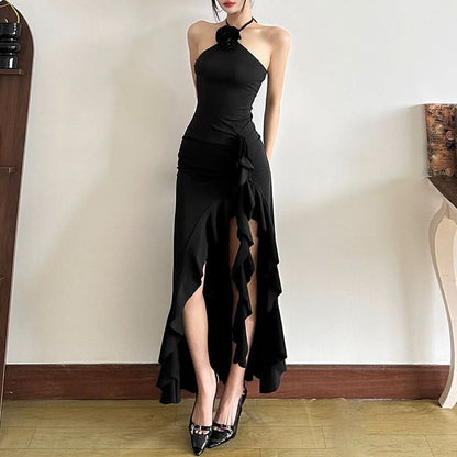 Halter self tie slit flower applique ruffle midi dress