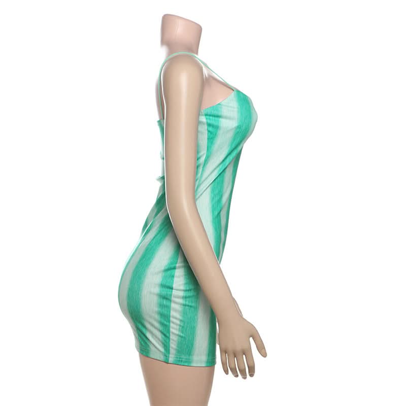 Striped print v neck spaghetti strap mini dress