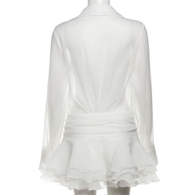 Long sleeve button zip-up chiffon ruffle mini dress