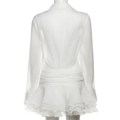 Long sleeve button zip-up chiffon ruffle mini dress