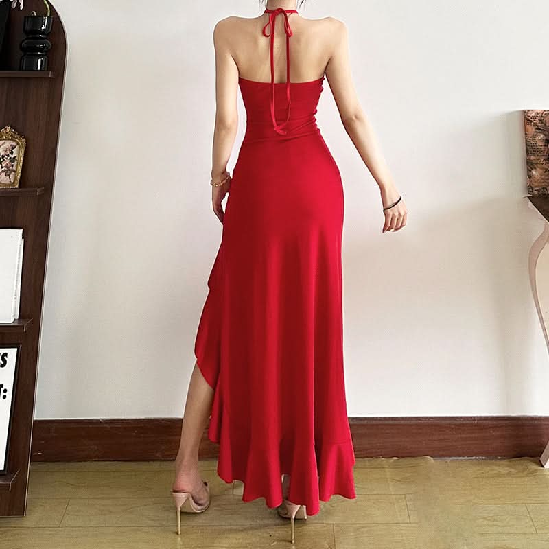 Halter self tie slit flower applique ruffle midi dress