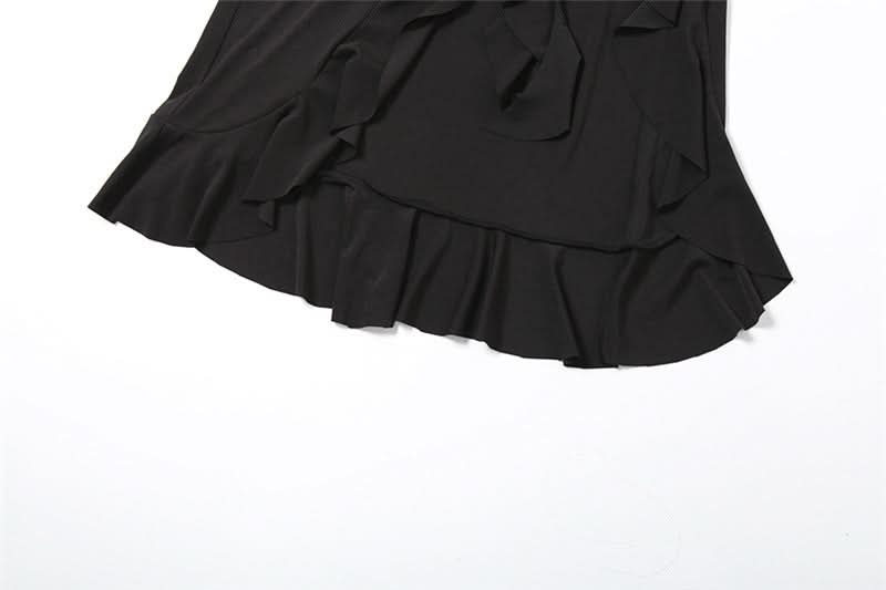 Halter self tie slit flower applique ruffle midi dress