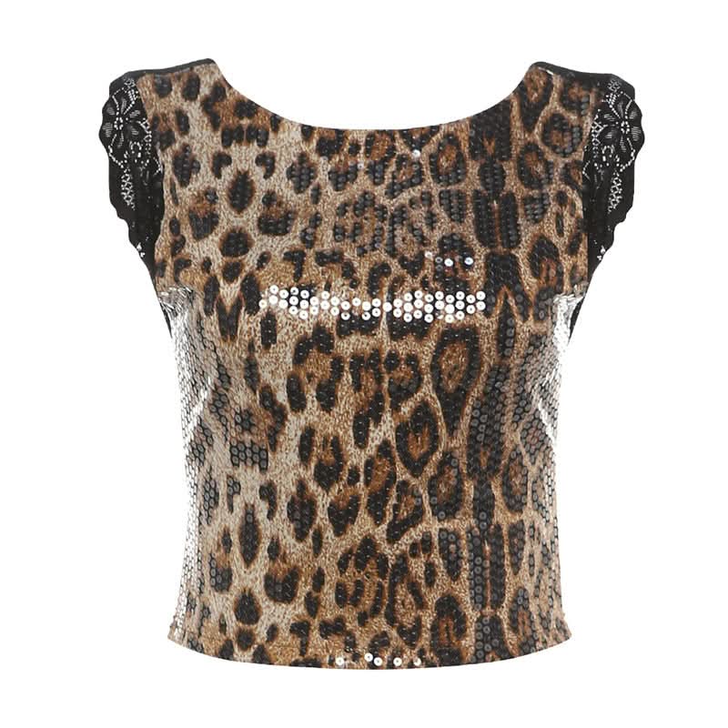 Glitter leopard print lace hem crewneck top