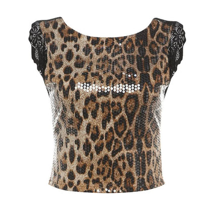 Glitter leopard print lace hem crewneck top