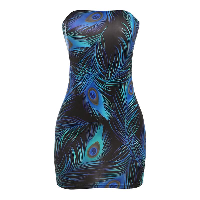 Backless feather print contrast tube mini dress