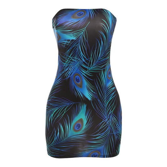 Backless feather print contrast tube mini dress