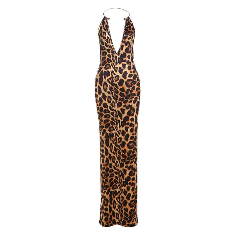 Leopard print halter deep v neck slit maxi dress