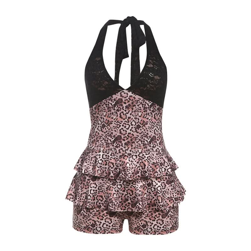 V neck halter self tie Leopard print lace romper