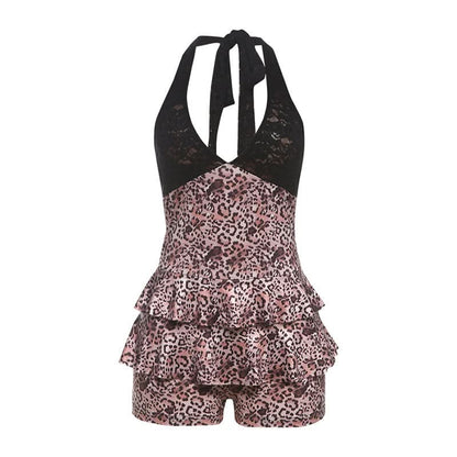 V neck halter self tie Leopard print lace romper