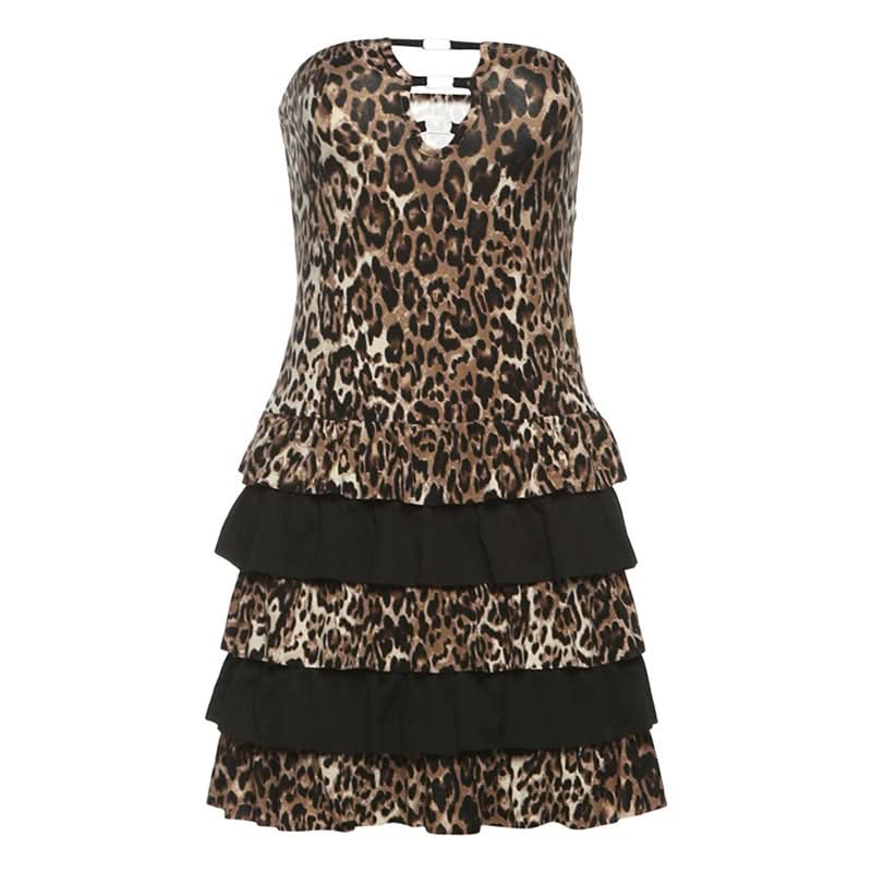 Leopard print hollow out ruffle tube cut out mini dress