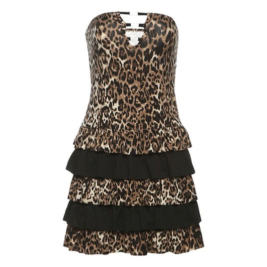 Leopard print hollow out ruffle tube cut out mini dress
