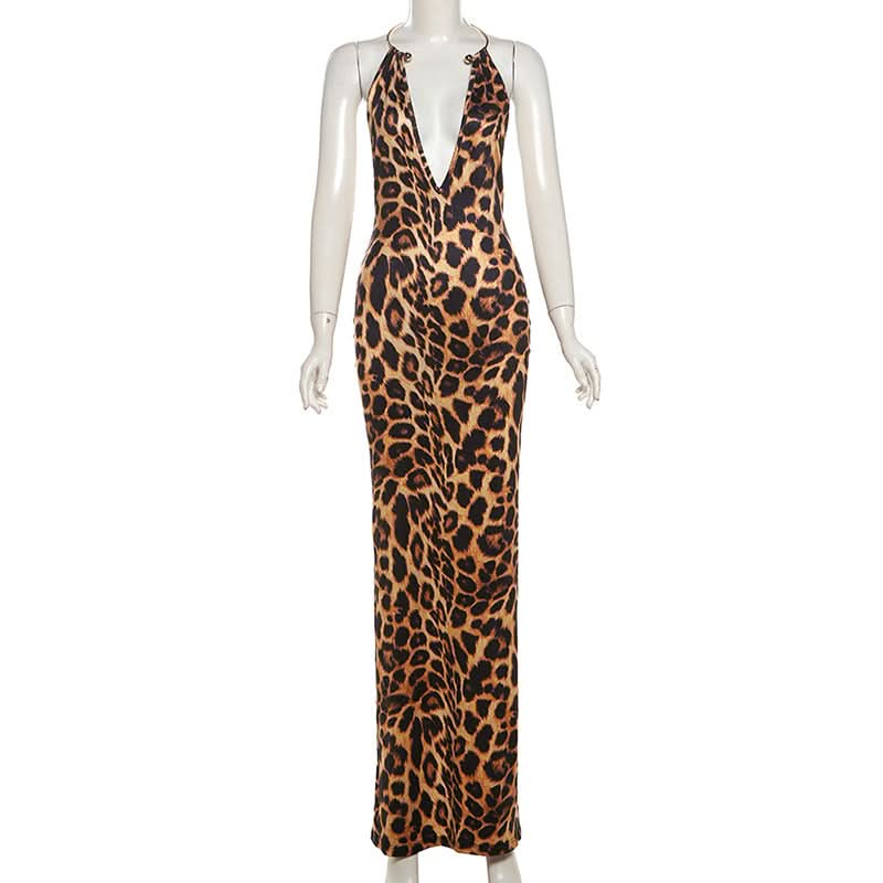 Leopard print halter deep v neck slit maxi dress