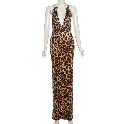 Leopard print halter deep v neck slit maxi dress