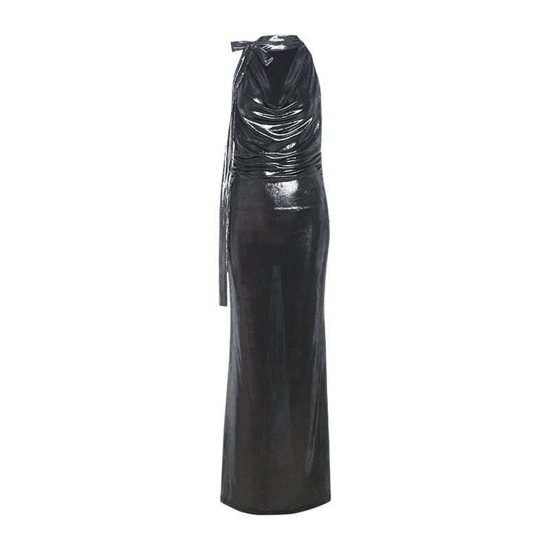 Cowl neck self tie metallic solid maxi dress