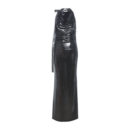 Cowl neck self tie metallic solid maxi dress