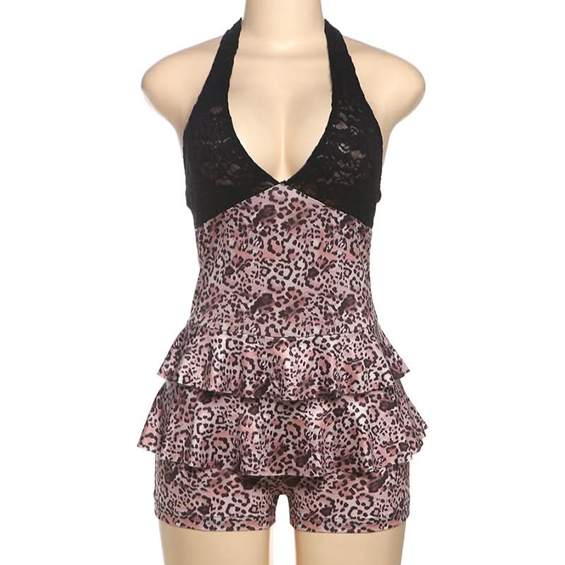 V neck halter self tie Leopard print lace romper