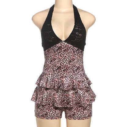 V neck halter self tie Leopard print lace romper
