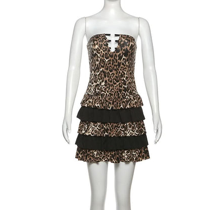 Leopard print hollow out ruffle tube cut out mini dress