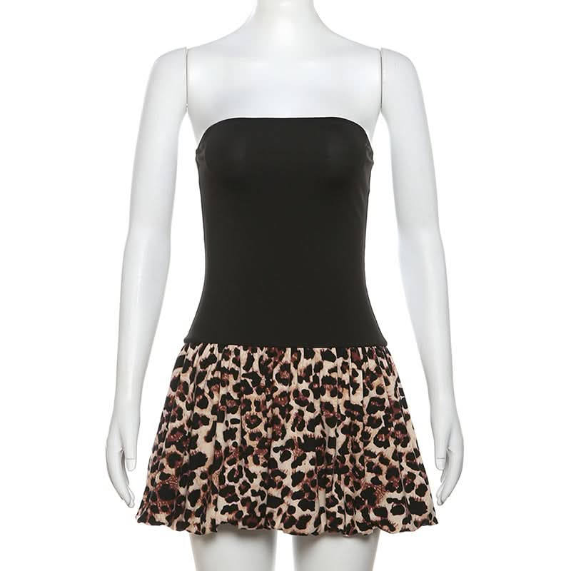 Leopard print patchwork backless tube mini dress