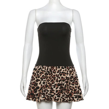 Leopard print patchwork backless tube mini dress