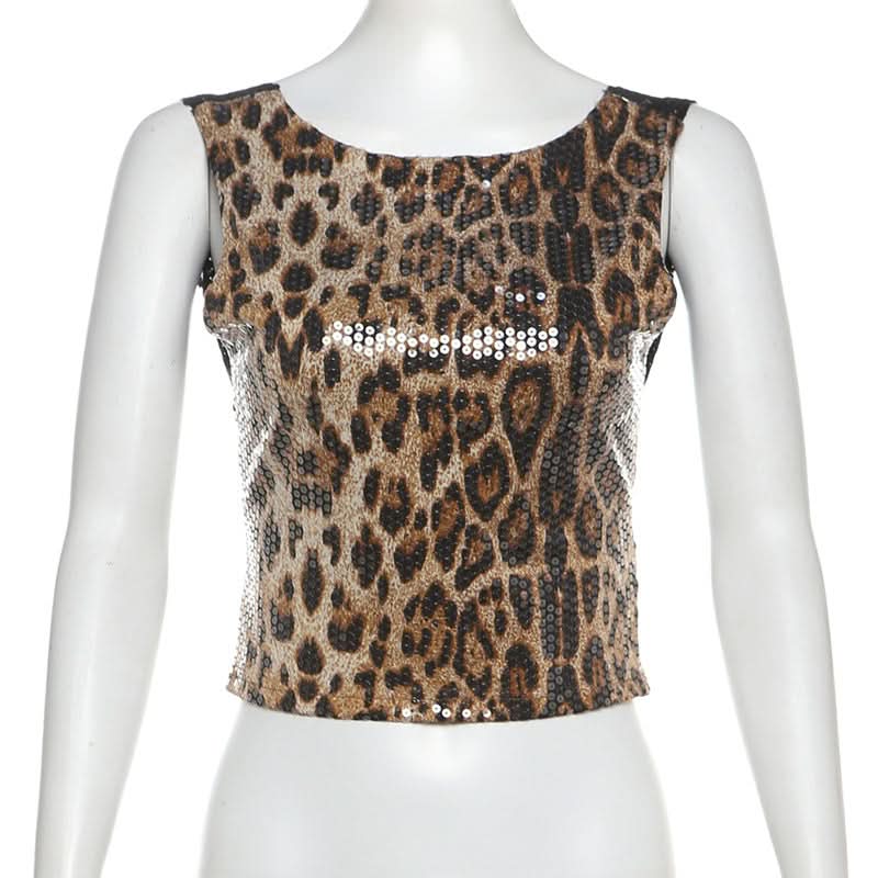 Glitter leopard print lace hem crewneck top