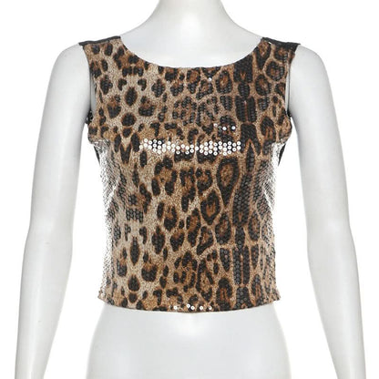 Glitter leopard print lace hem crewneck top
