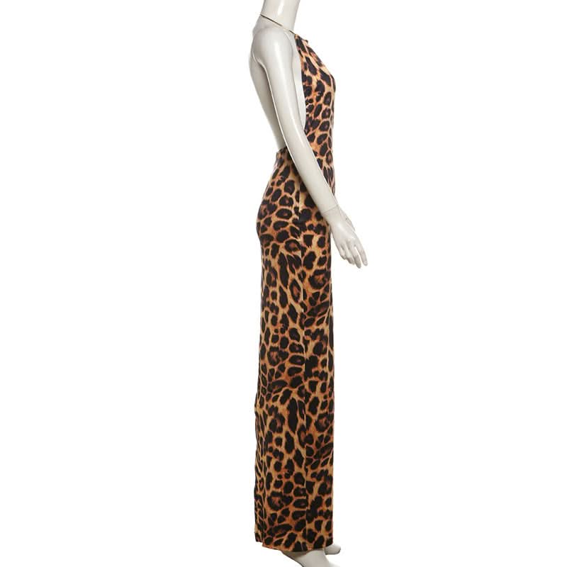 Leopard print halter deep v neck slit maxi dress