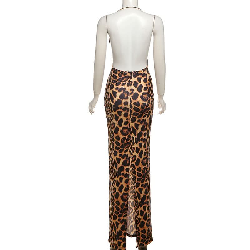 Leopard print halter deep v neck slit maxi dress